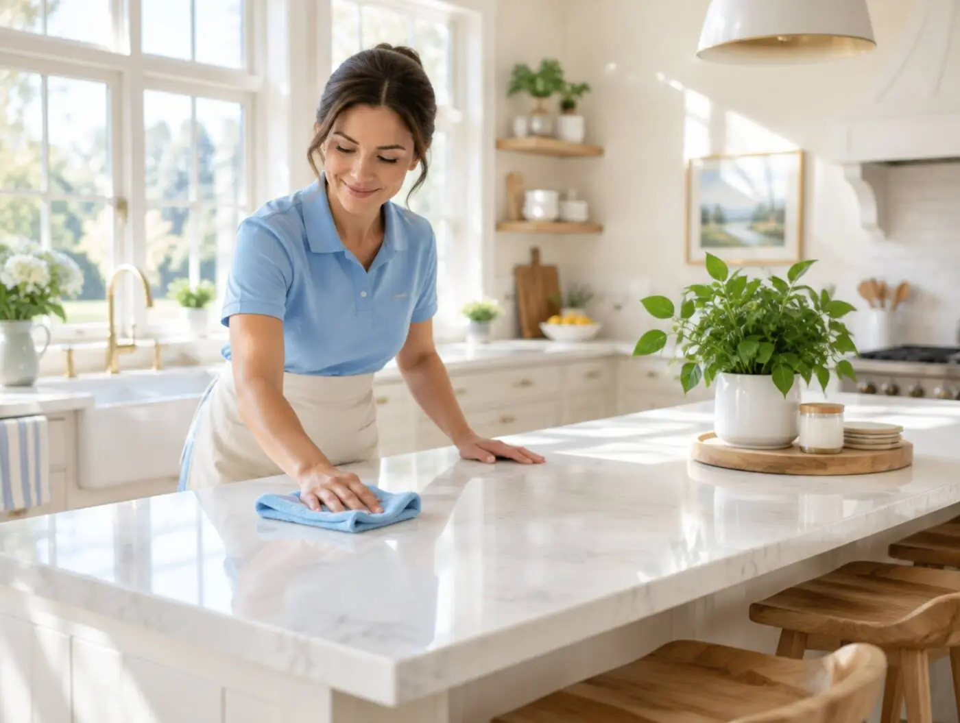 Professional house cleaner wiping down a kitchen island in a bright Massachusetts home