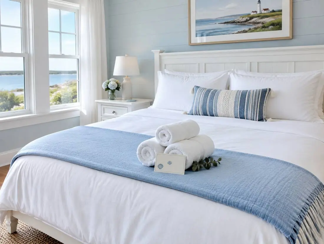 Guest-ready vacation rental bedroom with fresh linens and rolled towels