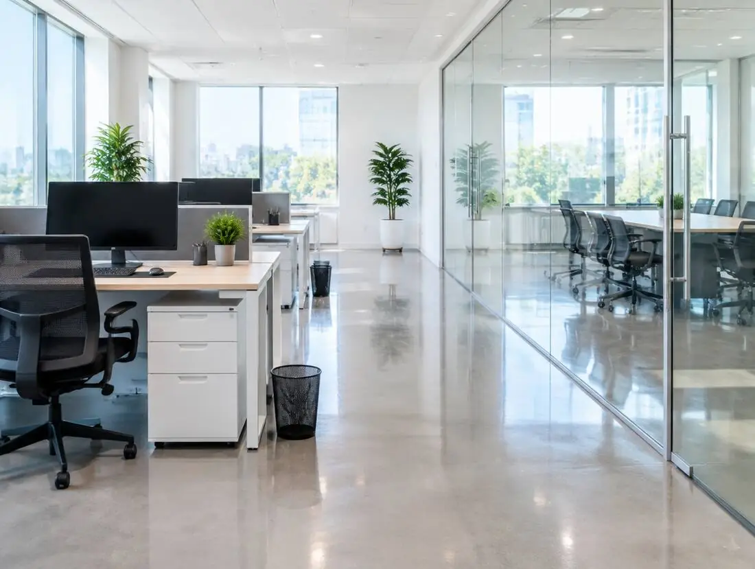 Spotless modern office with clean desks and polished floors