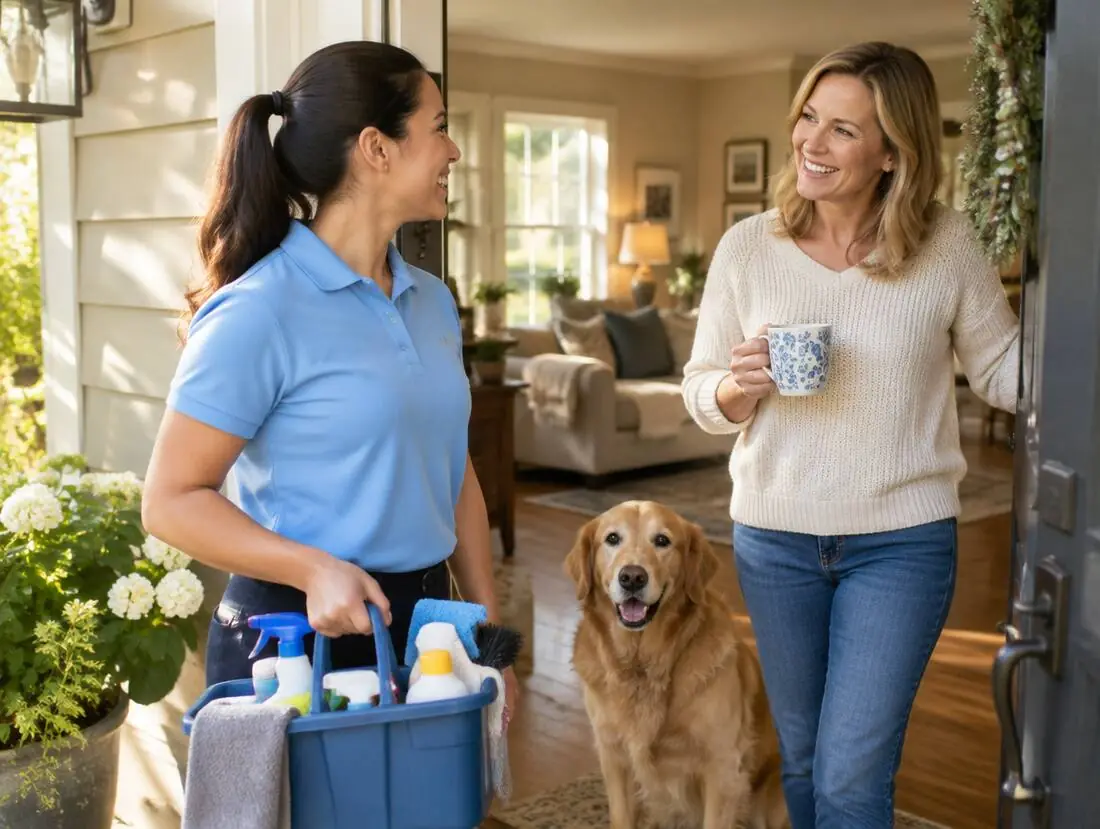 House cleaner greeted at the front door by a homeowner and her dog