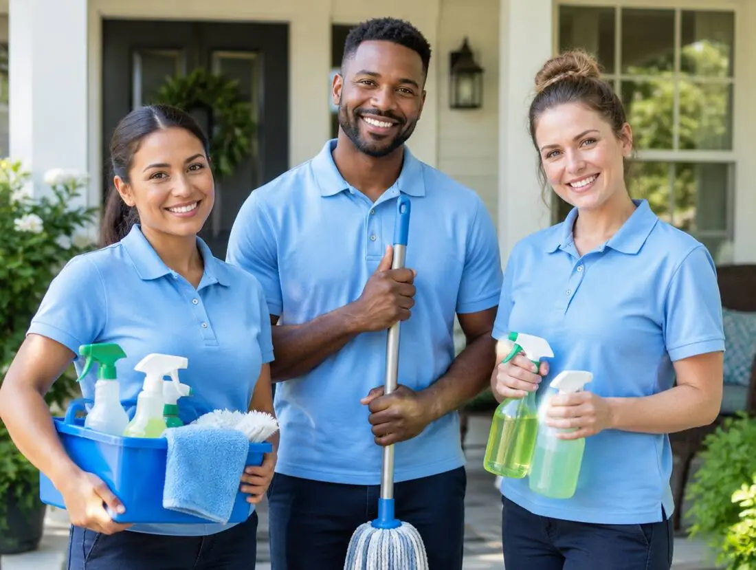 Cozy Cleaning Co cleaning team with their supplies on a client's front porch
