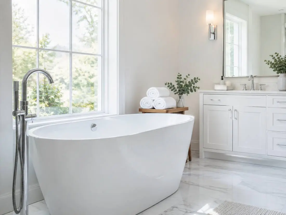 Spotless bathroom and tub, cleaned by Cozy Cleaning Co