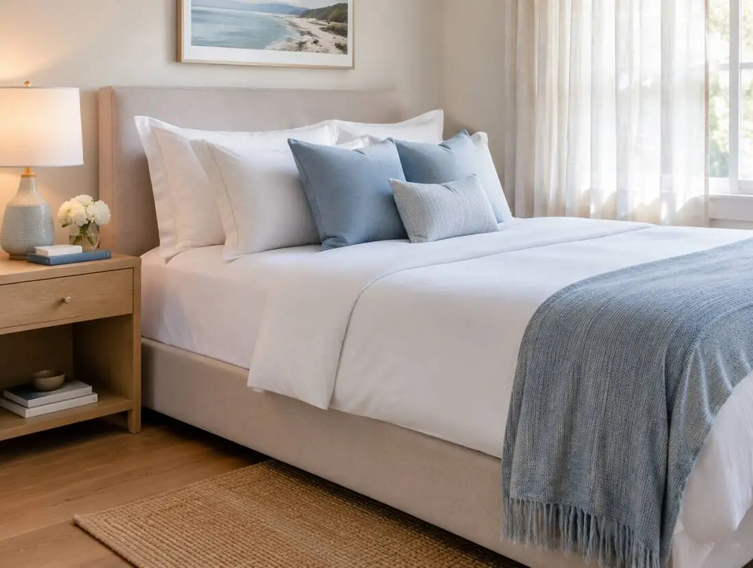 Fresh bedroom with crisp linens, cleaned by Cozy Cleaning Co